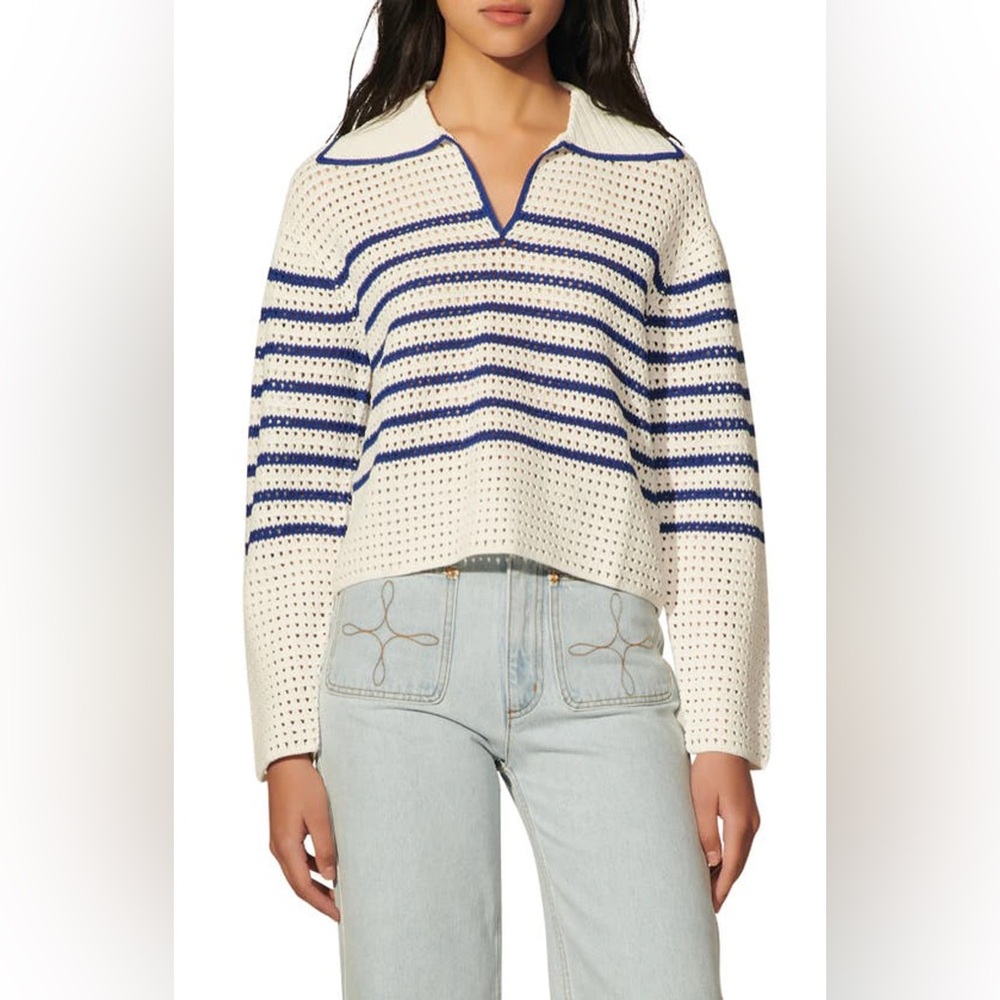 SANDRO Elise Stripe Crochet Cropped White Navy V-Neck Sweater Size Eu2/usM - Picture 2 of 12